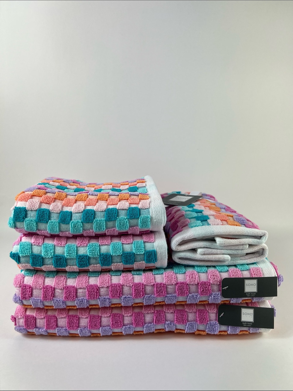 Soho Living Bath Towels Modern Mosaic Dots Multi Color Soft Cotton 6 Pc Set NEW